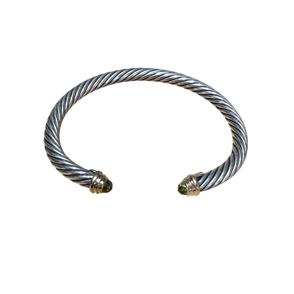 David Yurman Sterling Silver Peridot & 14K Gold 5mm Cable Cuff Bracelet Sz S 6” - Picture 3 of 9